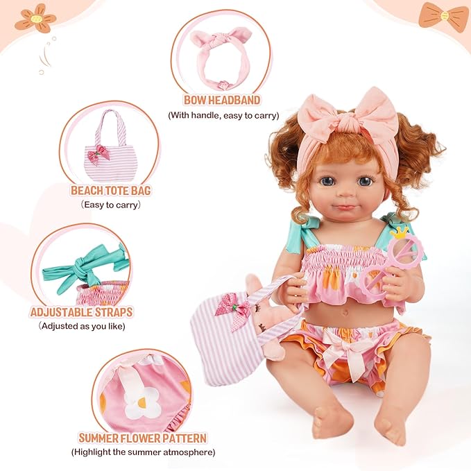 BABESIDE 7-Piece Reborn Baby Doll Clothes Set for 16–20 Inch Dolls, Washable Floral Outfit for Realistic Babydoll with Hat, Bag and Headband, Baby Doll Accessories Pretend Play Set for Kids
