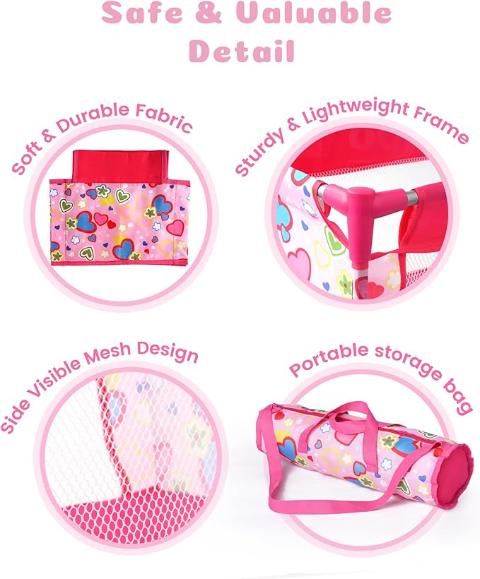 BABESIDE Baby Doll Crib for 18" Reborn Dolls,Baby Doll Bed with Storage Bag, Reborn Babydolls Accessories for Age 3+,Doll Crib Playpen for Kids Age 3+,Pink