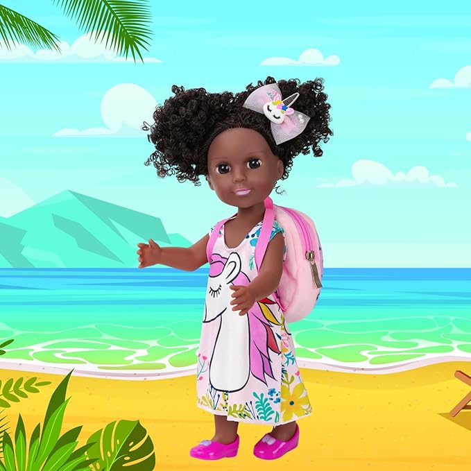 ZQDOLL Black Doll and Black Baby Doll Clothes 14.5 inch African American Silicone Girl Doll with 2 Sets Clothes and Travel Equipment Camera Backpack Glasses etc - Best Gift for Kids Girls