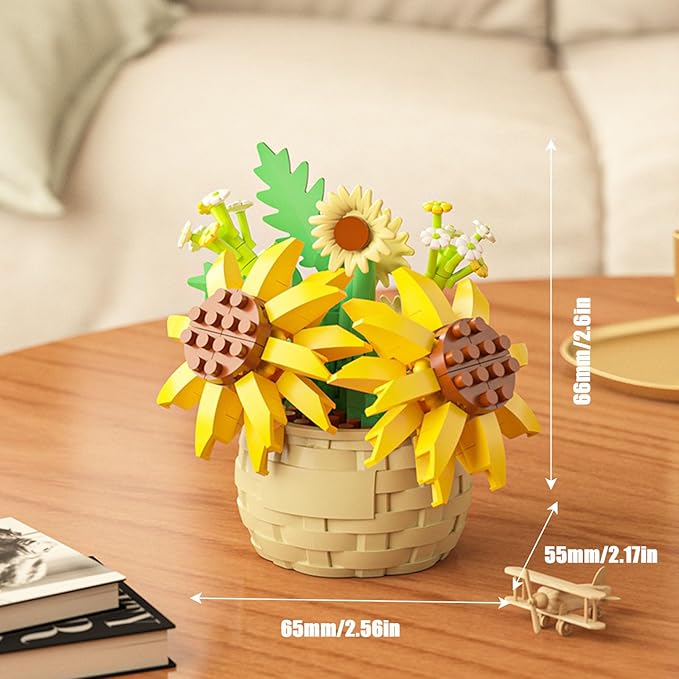 Mini Flowers Building Block Set,Flower Blocks Toys,Plants and Succulent Toys,Building Block Flowerpot，Botanical Collection Birthday Gift for Girls Boys Adults Kids Ages 6+ (Sunflower 162Pcs)