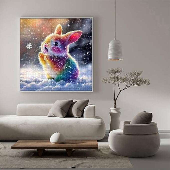 PICKFORU Snowy Hued Rabbit Jigsaw Puzzles 1000 Pieces,Colorful Cute Snow Rabbit Puzzles for Adults,Unique Nature Animal Puzzle as Home Decor