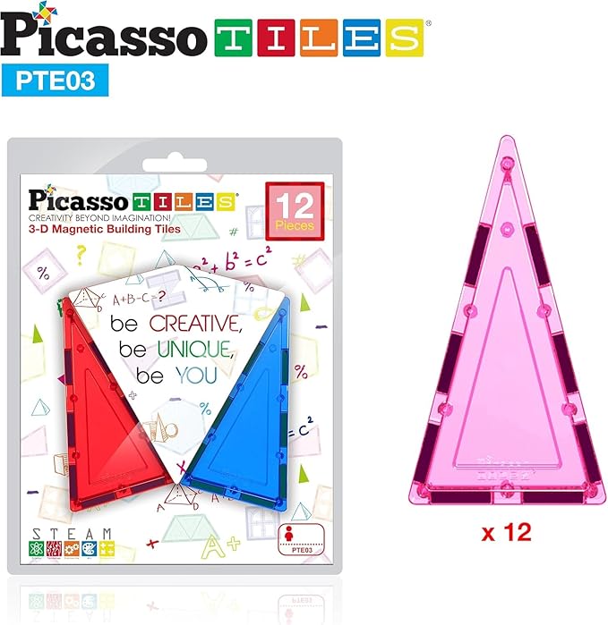 PicassoTiles 12pcs Magnetic Building Block Set Isosceles Triangle Magnet Tiles Construction Toy STEM Learning Kit Educational Playboard Prek Pretend Play Stacking Blocks Child Brain Development PTE03