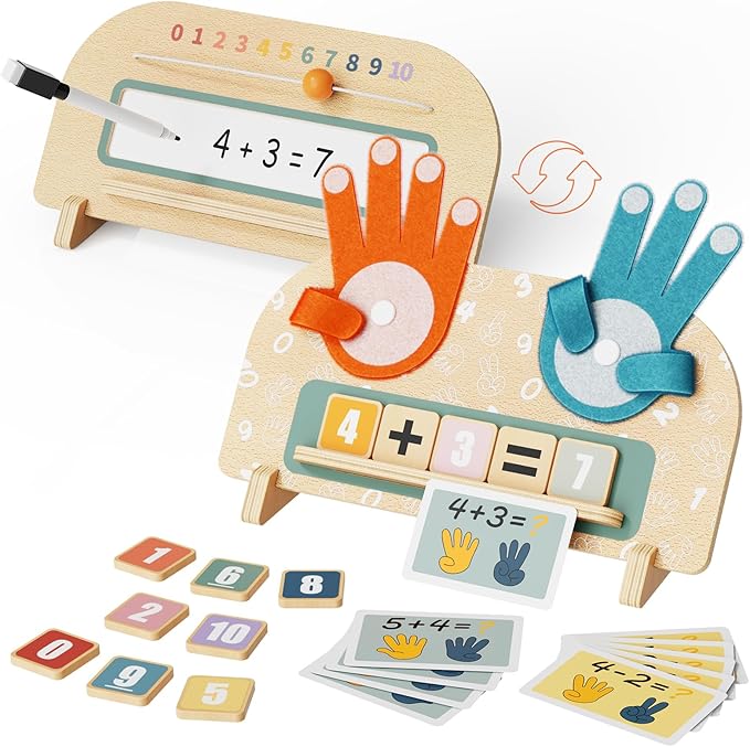 Montessori Math Toy for Kids 3-5, Double-Sided Finger Counting Board with Writing Board & Number Blocks, Preschool Learning Toy for Addition & Subtraction, Educational Gift