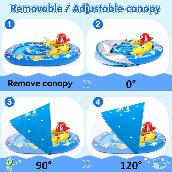 EZIGO Baby Pool Float with Canopy UPF50+ Sun Protection, Inflatable Kids Pool Floats with Ocean Animal Toys for Baby 6-36 Months, Infant Swimming Float with Adjustable Safety Seat for Boys Girls