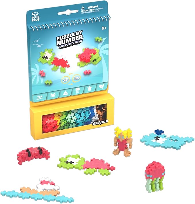 Plus Plus Puzzle By Number Activity Pad, Kids Travel Activities, Interlocking Mini Building Blocks, 3D Puzzle Stem Toy for Kids - Ocean