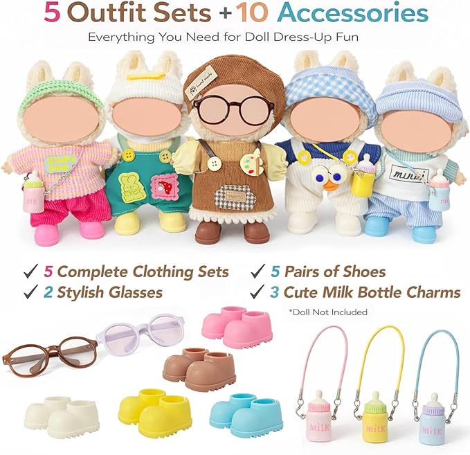 Ezcora 5-Pack Doll Clothes Set for 15–17cm Dolls, Includes 5 Cute Colorful Outfits with Hats and Doll Accessories, Perfect for Play and Display, Doll Accessories for Collectors (No Dolls)