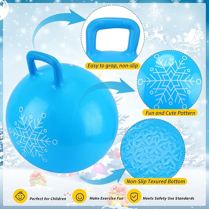 Sratte 3pcs 18 Inch Bouncy Hopper Ball with Handle Christmas Snowflake Bouncing Balls Blue Purple Pink Hopping Toys Inflatable Jumping Toy for Sport Boys Girls Gifts Winter Party Favors