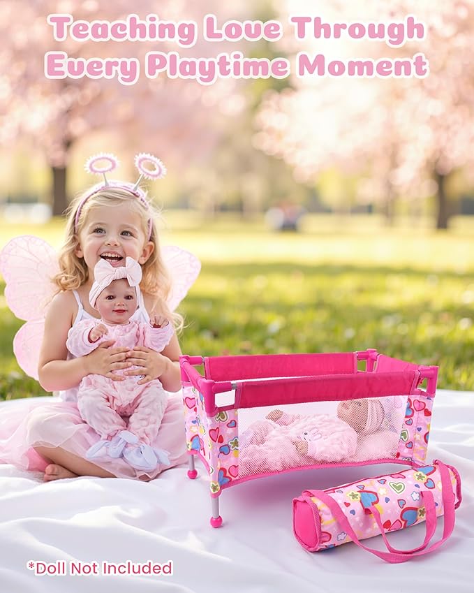 BABESIDE Baby Doll Crib for 18" Reborn Dolls,Baby Doll Bed with Storage Bag, Reborn Babydolls Accessories for Age 3+,Doll Crib Playpen for Kids Age 3+,Pink