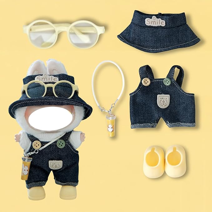 Clothes for 17cm Doll, 5 pcs Set Doll's Outfits Luxury Dress Shirt Pants Headset Shoes Accessories Fashion Stylish Adorable Dolls Clothes (No Doll) (Cheese Jeans Yellow)