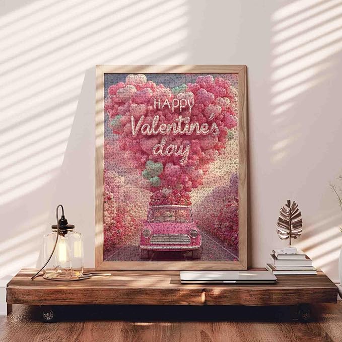 Valentines Puzzles 1000 Pieces Jigsaw Puzzle for Adults, Heart Balloons Decorate Car Puzzle Challenging with Poster - Fun Adult Puzzle Game for Game Night (27"x20")
