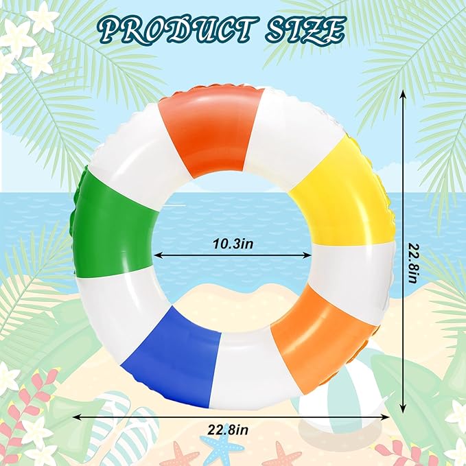 Whaline 4Pcs Inflatable Swimming Float Toy Striped Swim Ring Fun Print Pool Lounger Tube for Summer Swimming Beach Party