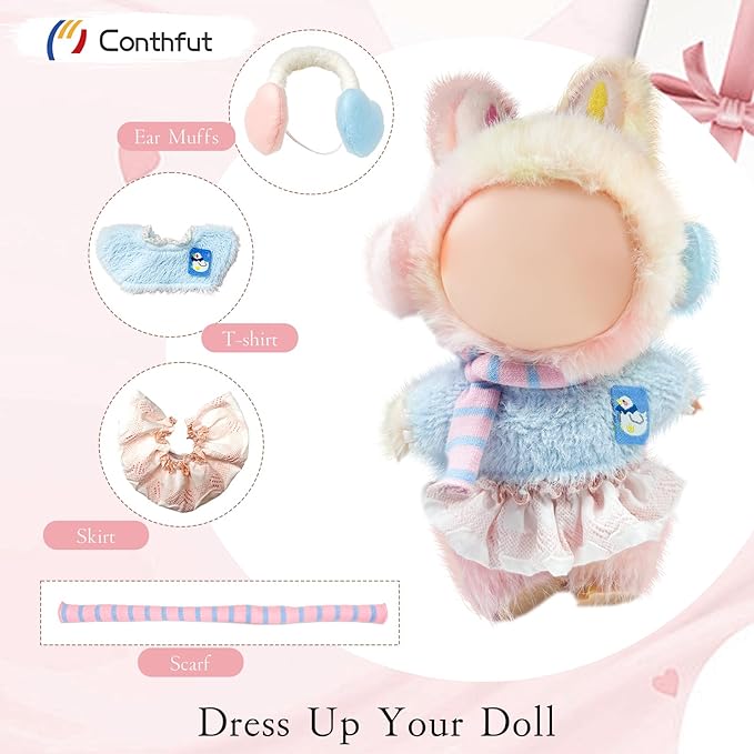 17cm Doll Clothes,Clothes for Dolls Outfit, Accessories for Dolls Clothes, Cute Clothes Set for Doll,No Doll Included(Blue Top+Dress+Earmuffs+Scarf)