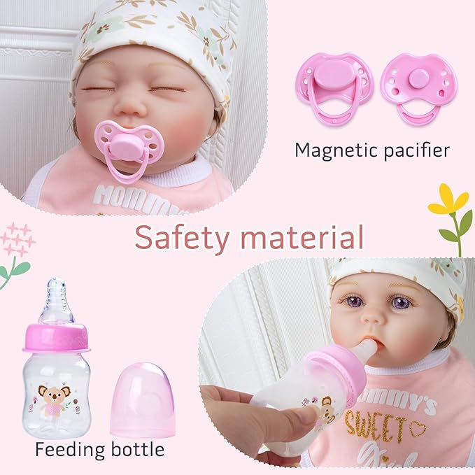 13 Pcs Reborn Baby Doll Clothes with Bassinet Pacifier Diaper fit 17-22 inch Reborn Dolls Cute Pink Baby Doll Clothes Accessories Set