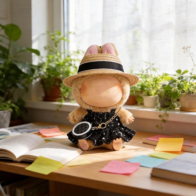 Doll Clothes for 17cm Dolls, Premium Handmade with Luxury Chic Style Set 3 Piece Set Including a Clothes, Black Bag and Straw Hat, - High-End Dolls Accessories for Play & Display for Play & Display
