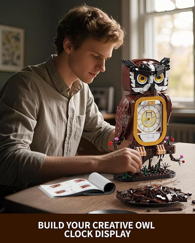 Owl Clock Building Blocks Set, STEM Building Toys with Functional Clock, Collectible Bird Display Model for Home Decor, Christmas Birthday Gift for Adults & Boys 8-14 (964Pcs)