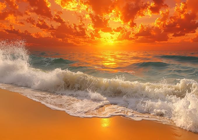 Beach Sunset 1000 Piece Puzzle for Adults - Coastal Landscape Art, Fiery Ocean Scene, Poster & Lettered Back, 28"x20" HD, Gift for Nature & Travel Lovers