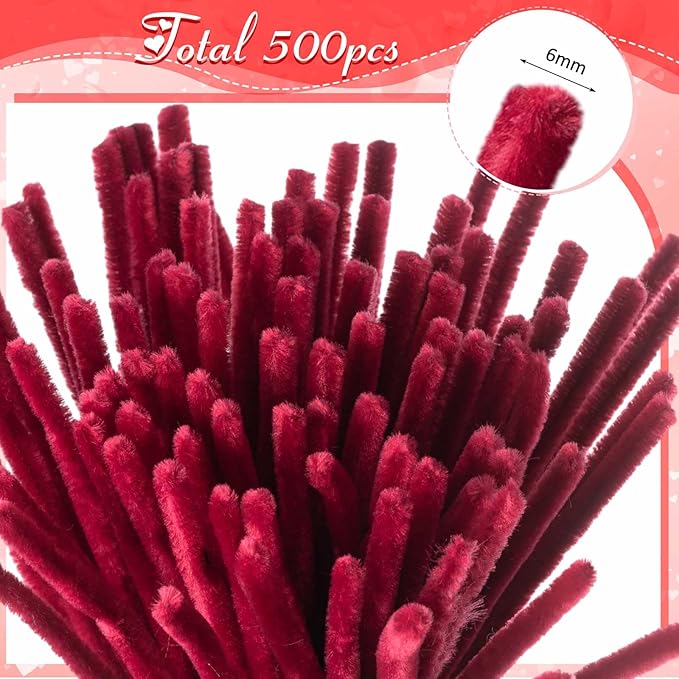 Peryiter 500 Pieces Pipe Cleaners Chenille Stems for Flowers Craft Supplies Bulk Fluffy Fuzzy Sticks for DIY Art Projects Creative Gift Wrapping Party Decorations(Red,12 Inch)