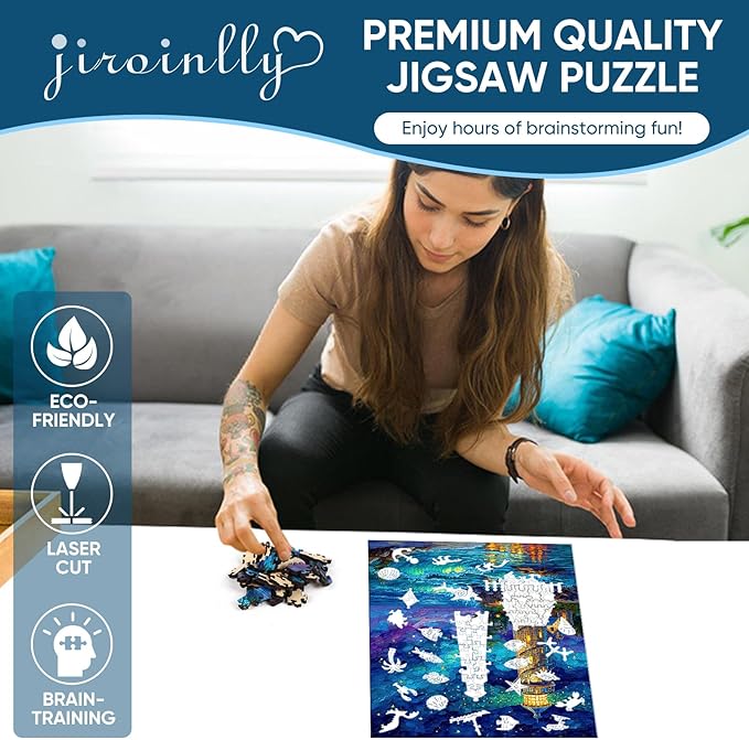 Jiroinlly Wooden Puzzles for Adults 200 Pieces, Night Lighthouse, 5MM Thick Adult Jigsaw Puzzles, Unique Shaped Puzzle for Family and Friends, Home Wall Decor, Exquisite Packaging Gift, 8.9x11.8 in