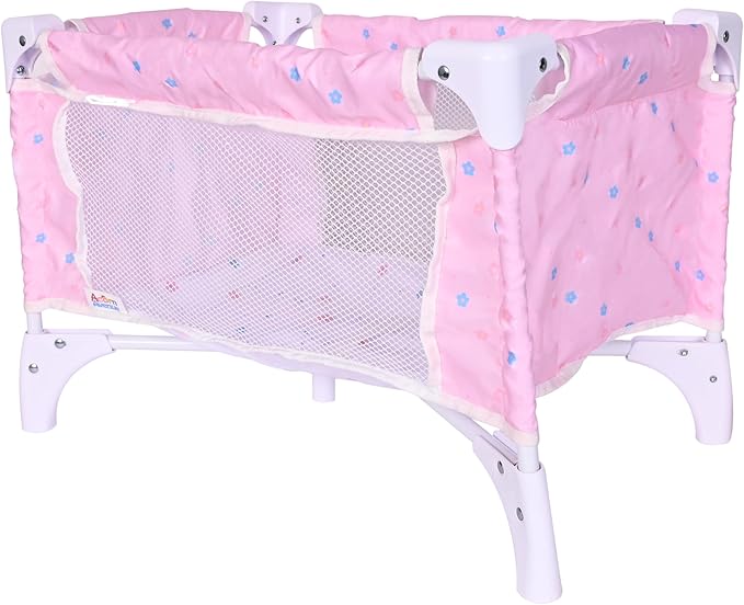 Baby Doll Crib Pack N Play – Foldable Baby Doll Bed with Mesh Sides & Mattress – Portable Toy Crib for 18-22 Inch Dolls