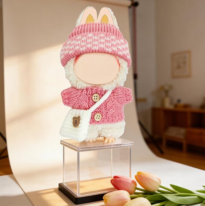 17cm Doll Clothes Set for Lububu, Designer Hand-Crocheted Rose Pink Sweater Outfit with Hat & Crossbody Bag，Cute Ropa Clothing and Accessories for 15cm Have a Seat Series Dolls Girl Dress-Up