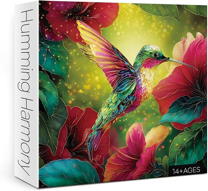 Stained Glass Hummingbird Puzzles for Adults 1000 Pieces, Magic Aesthetic Flower Bird Jigsaw Puzzles, Colorful Art Nature Plant Floral Hibiscus Puzzle