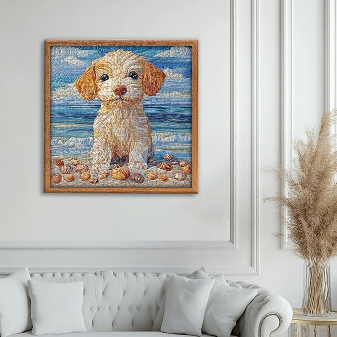 Beach Dog Puzzles 1000 Pieces for Adults, PICKFORU Fabric Art Patchwork Quilt Jigsaw Puzzles, Summer Seaside Puppy Theme as Home Decor