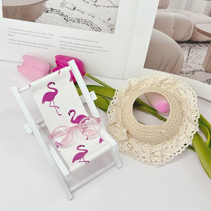 Doll Accessories Compatible with Labubu, 15cm/17cm Doll Chair,Mini Wooden Folding Beach Sunbath Chair with Sunglasses & Straw Hat,No Doll