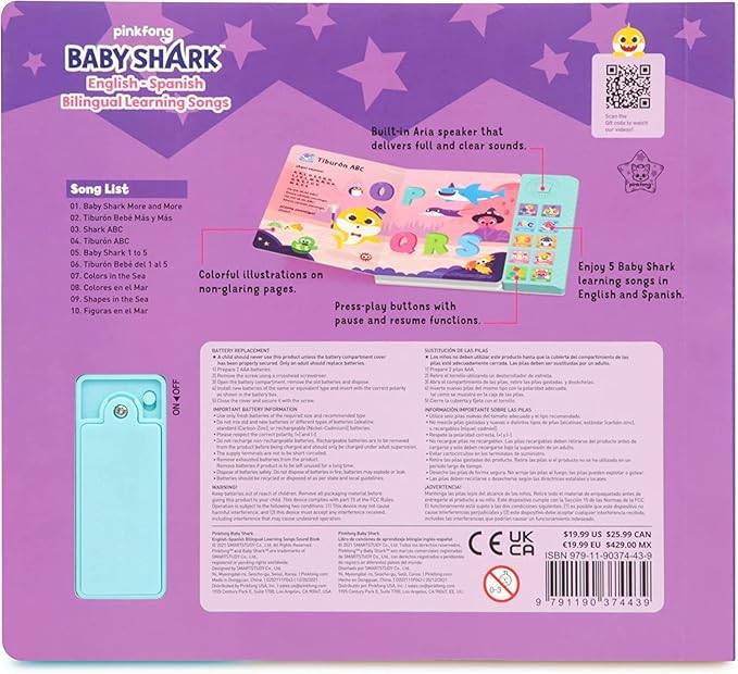 Baby Shark Bilingual Sound Book for Toddlers 1–3 | 10 Buttons, 5 English & 5 Spanish Songs Interactive Learning Toy by Pinkfong