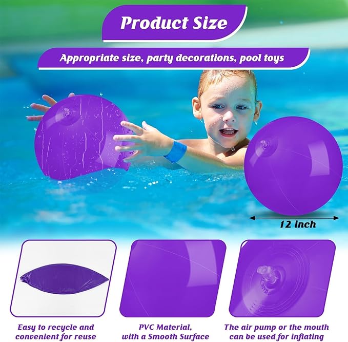 20 Pack Purple Beach Ball - 12Inch Blow Up Beach Ball Party Supplies for Kids, Inflatable Floating Balls for Summer Pool Parties, Outdoor Activities & Birthday Decorations (Purple)