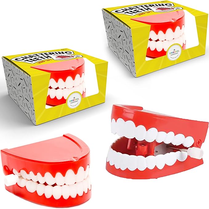 The Dreidel Company Wind Up Teeth Chomping & Chattering Teeth Toys for Kids Birthday Party Favors, Novelty and Gag Gifts, 2.5" Inches (2-Pack)