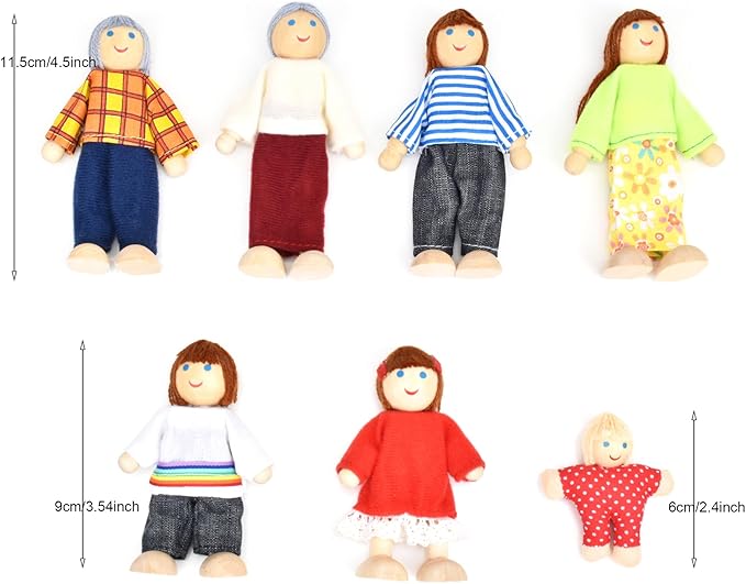 Jzszera Wooden Doll House People of 7 Miniature Figures and 2 Pets, Dollhouse Dolls Family Set Accessories for Girls Toddler Kids Pretend Play and Imaginative Fun