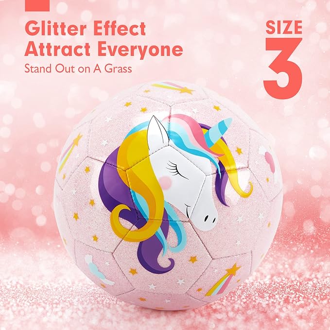 hahaland Size 3 Soccer Ball for Kids with Pump & Mesh Bag - Glitter Unicorns Soccer Ball Gifts for Girls 3 Year Old -Sports & Outdoor Play Toys for Baby Girls Boys Ages 3 4 5 6 7 8