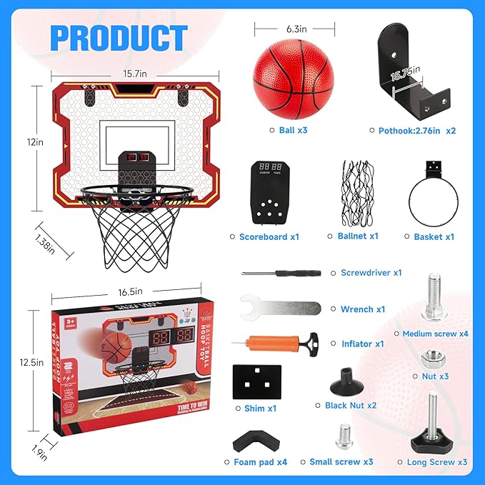 Basketball Hoop Indoor for Kids(4-12 Years Old), Over The Door Basketball Hoop with Scoring, Countdown and Music Accompaniment, Christmas Toys