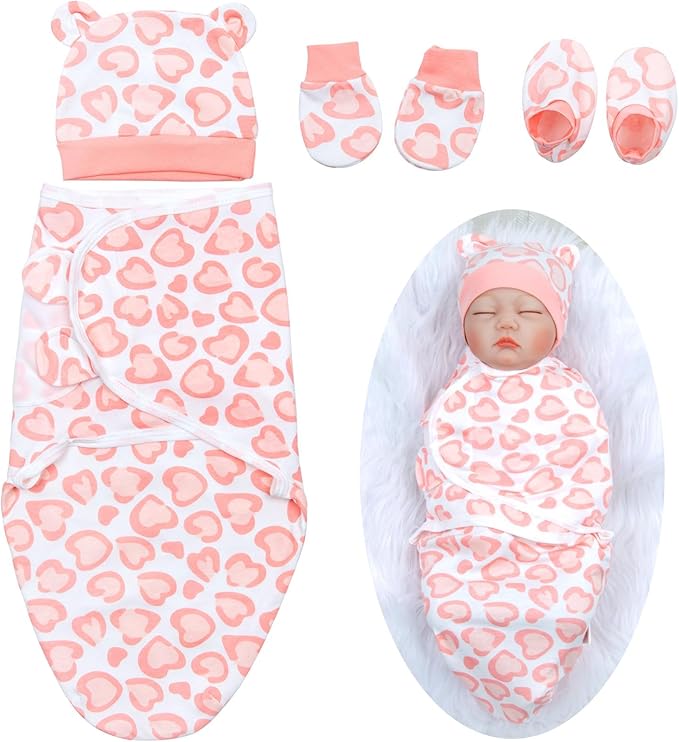 Reborn Baby Doll Clothes Swaddle Blanket 4pcs Accessories Set for 17-22 Inch Reborn Dolls Pink Heart Blanket Newborn Baby Girl Accessories