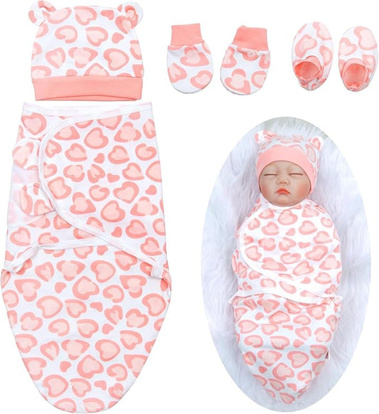Reborn Baby Doll Clothes Swaddle Blanket 4pcs Accessories Set for 17-22 Inch Reborn Dolls Pink Heart Blanket Newborn Baby Girl Accessories