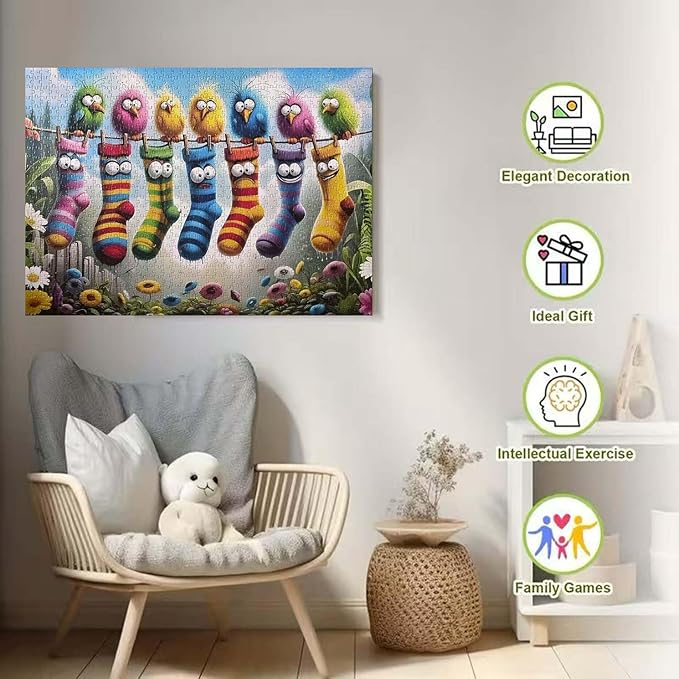 Birds Family Puzzles for Adults 1000 Pieces,Colorful Cartoon Socks 1000 Piece Puzzle for Adults,Hard Difficult and Challenging Jigsaw Puzzles Toy Games,Home Wall Decor 27.5 X 19.7inch