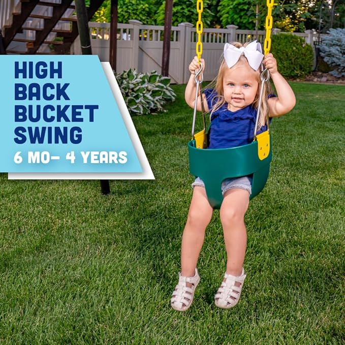 Squirrel Products High Back Full Bucket Toddler Swing Seat with Plastic Coated Chains - Swing Set Additions & Replacements - Outdoor Play Equipment - Green