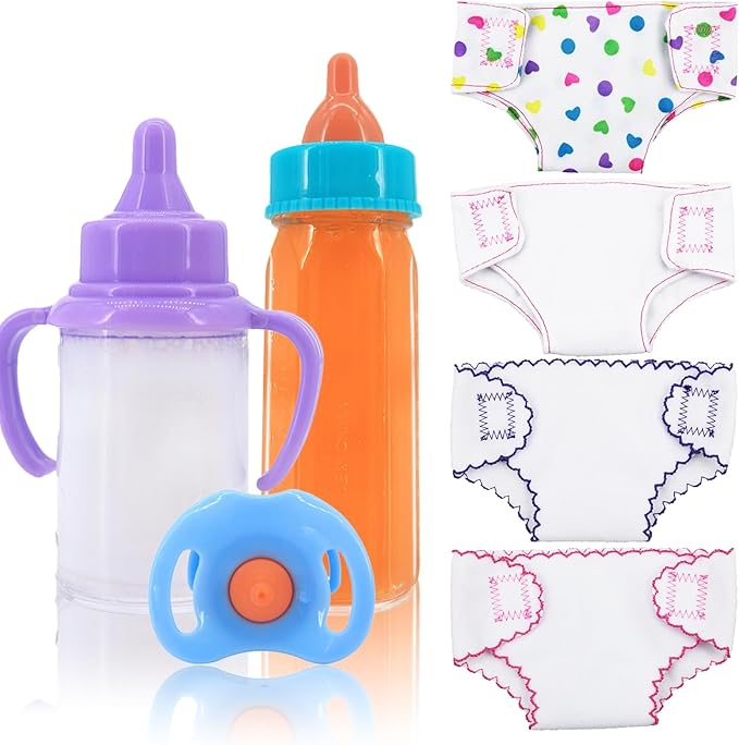 7 Pcs Baby Doll Accessories, 4 Doll Diapers for 14-18 Inch Doll, Magic Disappearing Milk & Juice Bottles with Toy Pacifier for Reborn Baby Doll Diapers and Feeding Bottle Toys Reusable