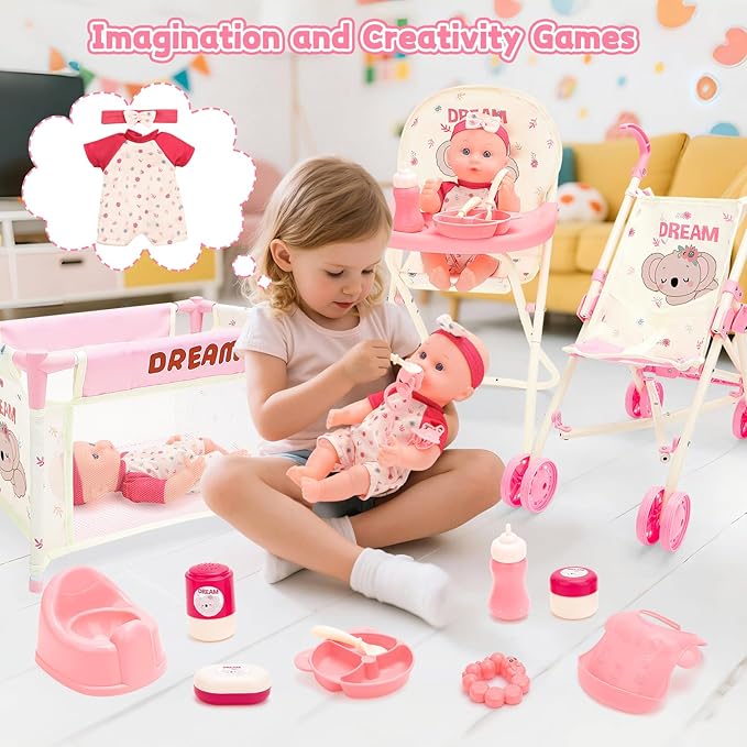 deAO Baby Doll Stroller Toys with 12" Baby Doll Accessories Crib Bed High Chair Nursery Role Play Set Play Mat,Travel Cot,Bouncer,Foldable Stroller,Travel Bag, Birthday Gifts for Toddlers Girls Boys