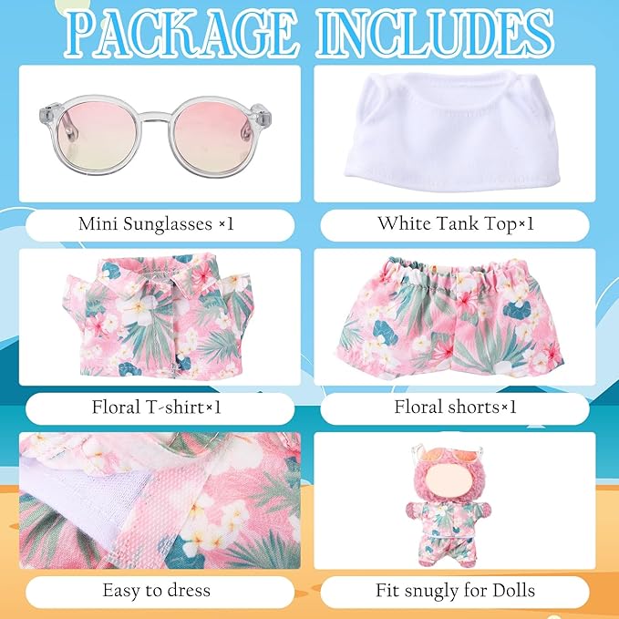 Simgoing 4 Pcs 17cm Dolls Hawaii Outfit Set Summer Floral Shirt Shorts White Vest and Mini Sunglasses Vacation Style Doll Clothes with Accessories Beach Apparel for 17cm Dolls(Pink Palms Style)