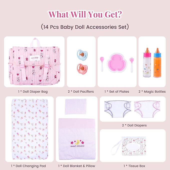 BABESIDE 14 Pcs Baby Doll Accessories Set for 12-15 Inch Babydolls - Baby Doll Diaper Bag Set with Dolls Bedding, Changing Pad & Babydoll Feeding Accessories for Kids Pretend Play Toys