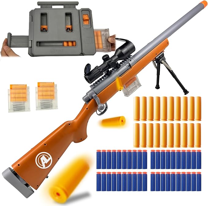 AGM MASTECH M24 Foam Blaster, Shell Ejecting, Safety Switch, Adjustable Stock 41.8 Inch, Fast Dart Loader, Scope, 40 Darts, 20 Casings, 2 Mags, Tactical Gear for Teens 14+ Adults(Brown)