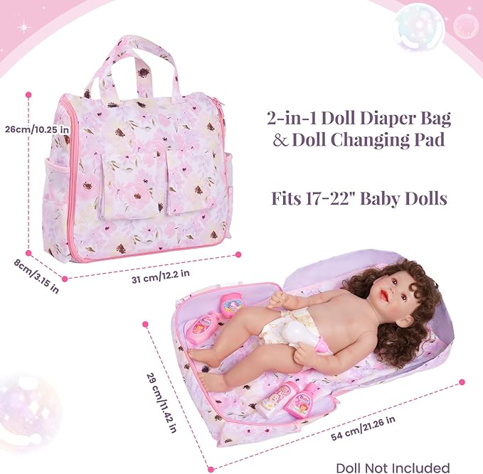 BABESIDE 10 Pcs Baby Doll Diaper Bag Set, Reborn Baby Doll Accessories Set with 2-in-1 Diaper Bag Changing Pad and Baby Dolls Bath Set for Kids Pretend Play Toys, Pink
