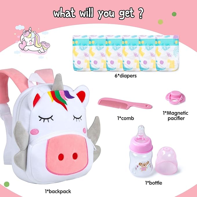 10 Pcs Reborn Baby Doll Diaper Bag Feeding and Caring Set for 17-24 Inch Reborn Dolls Accessories Newborn Baby Gift with Unicorn Backpack Pacifier Bottle Comb