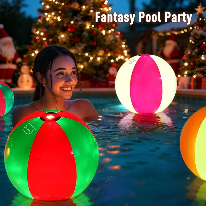 MIAOKE Funny and Playful Pool Toys 16 Inch 6 Pack- 16 Lighting and 4 Modes LED Beach Ball with Remote Control,Suitable for Pool Game Summer Pool Party,Outdoor Family Games (Red Green Orange Each 2 Pc)