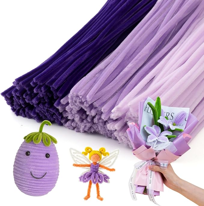 Caydo 300 Pieces Purple Pipe Cleaners, Thick Fluffy Chenille Stems, Pipe Cleaner Crafts for Arts & Crafts, Perfect for Making Animals, Flowers, and Mother's Day Decorations