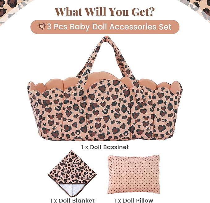 BABESIDE 3 Pcs Baby Doll Bassinet with Doll Bedding Set for 17-22 Inch Babydolls, Cute Heart Leopard Print Baby Dolls Crib with Pillow Blanket for Reborn Baby Doll Accessories, Brown