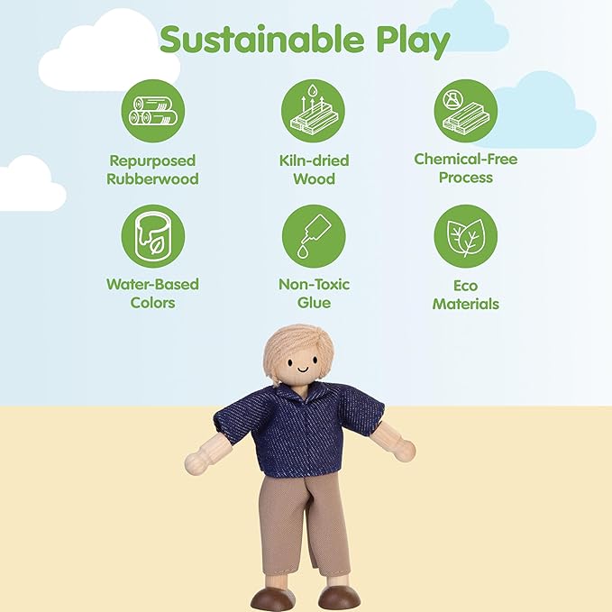 PlanToys® Mother Wooden Dollhouse Figurine | Poseable 1:12 Scale Mini Doll (5 Inch) | Dollhouse Accessories for Pretend Play | Eco-Friendly Montessori Toy for Kids Ages 3+