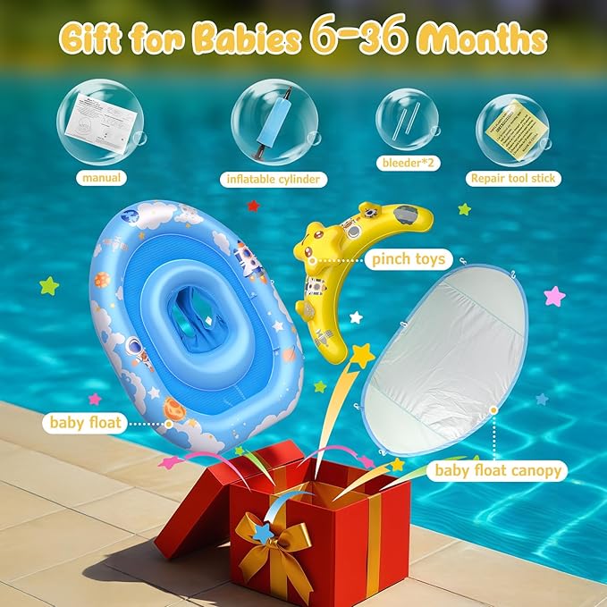 WayEee Baby Pool Float with UPF50+ Canopy - Inflatable Swim Float, Adjustable Safety Seat, Toy Play Console, Sun Protection for Baby 6-36 Months, Infant, Todder Summer Gift, Pool, Bathtub, Beach