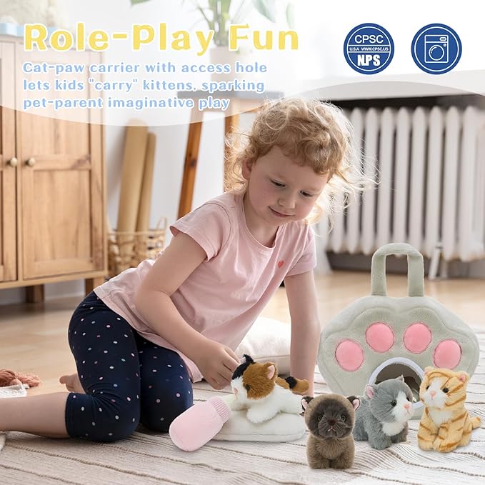 Tezituor 7Pcs Cat Stuffed Animal Set,Plush House with 4 Soft Realistic Kitten Toys,Cats Plushies for Kids Christmas Birthday Halloween Pet Gift – Interactive & Travel-Friendly Kitties Carrier Playset